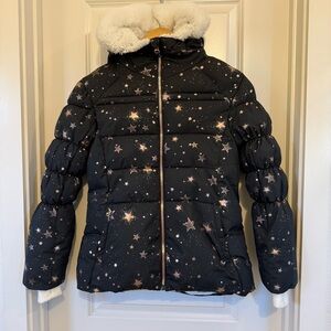 ZeroXposure Kids teen Puffer Jacket gold stars fleece & faux fur sz 14/16 **read